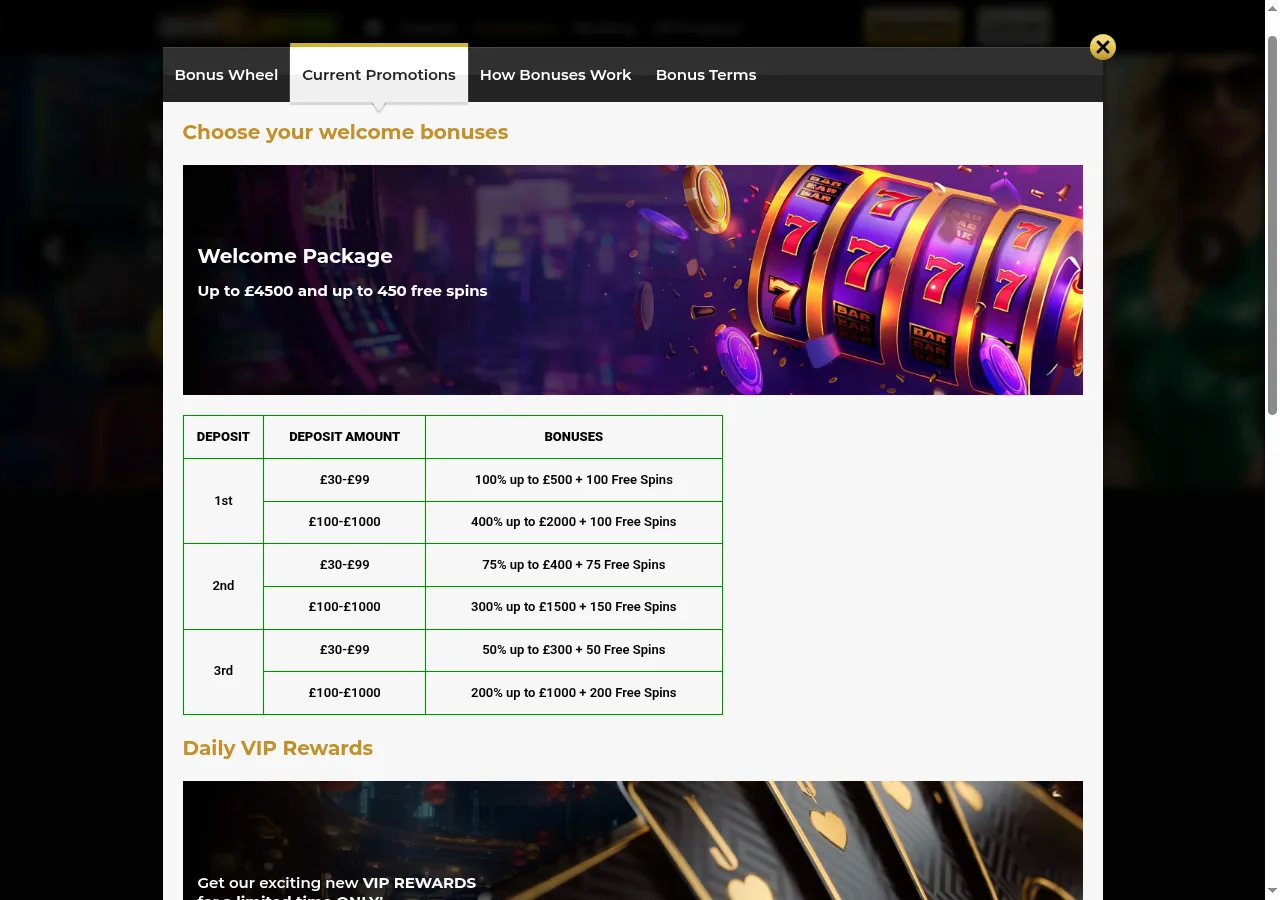 Bon Rush welcome package table, as shown on its promotions page on 29 September 2026