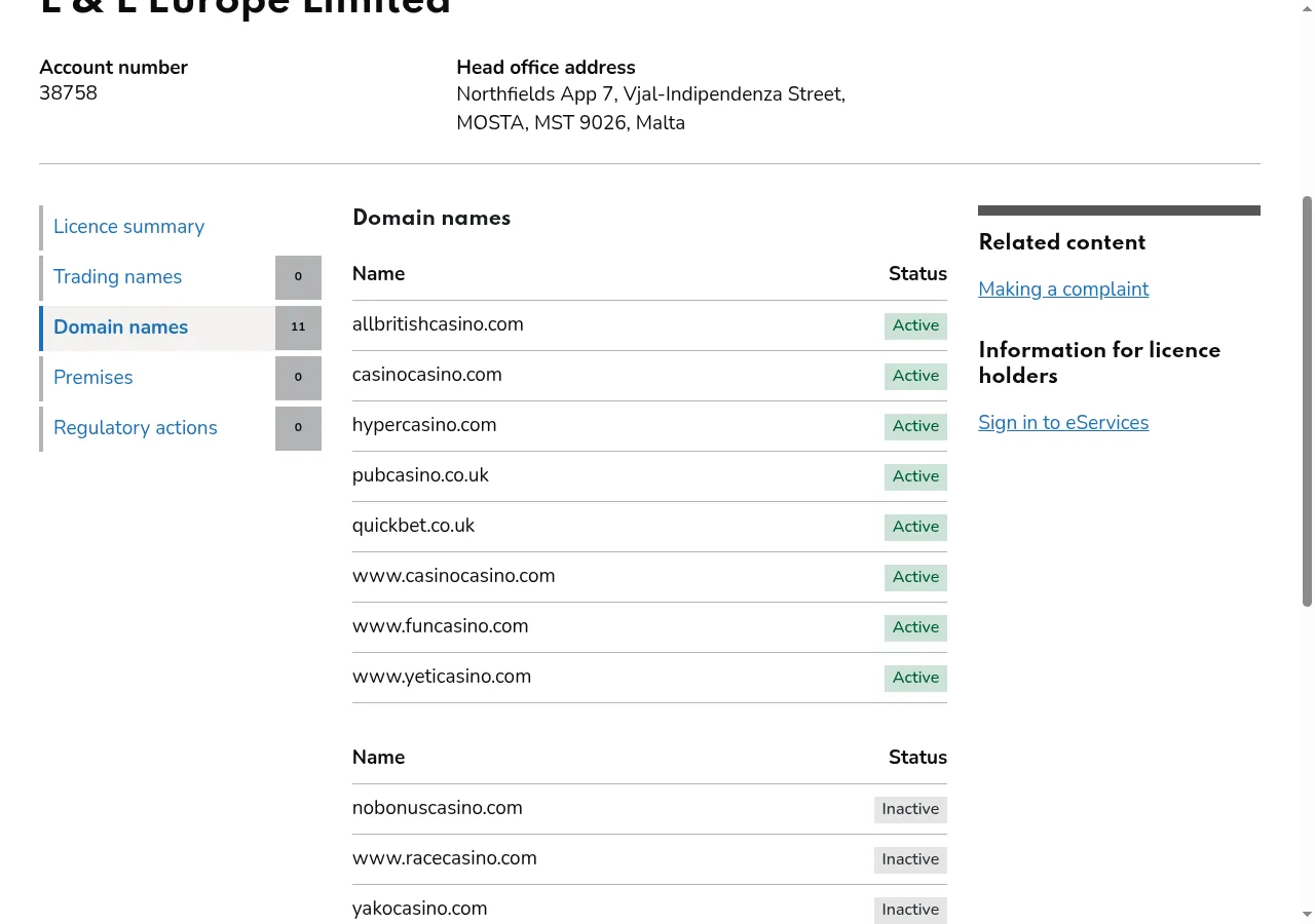 The Gambling Commission register entry for account 38758, listing the domains of L & L Europe Limited