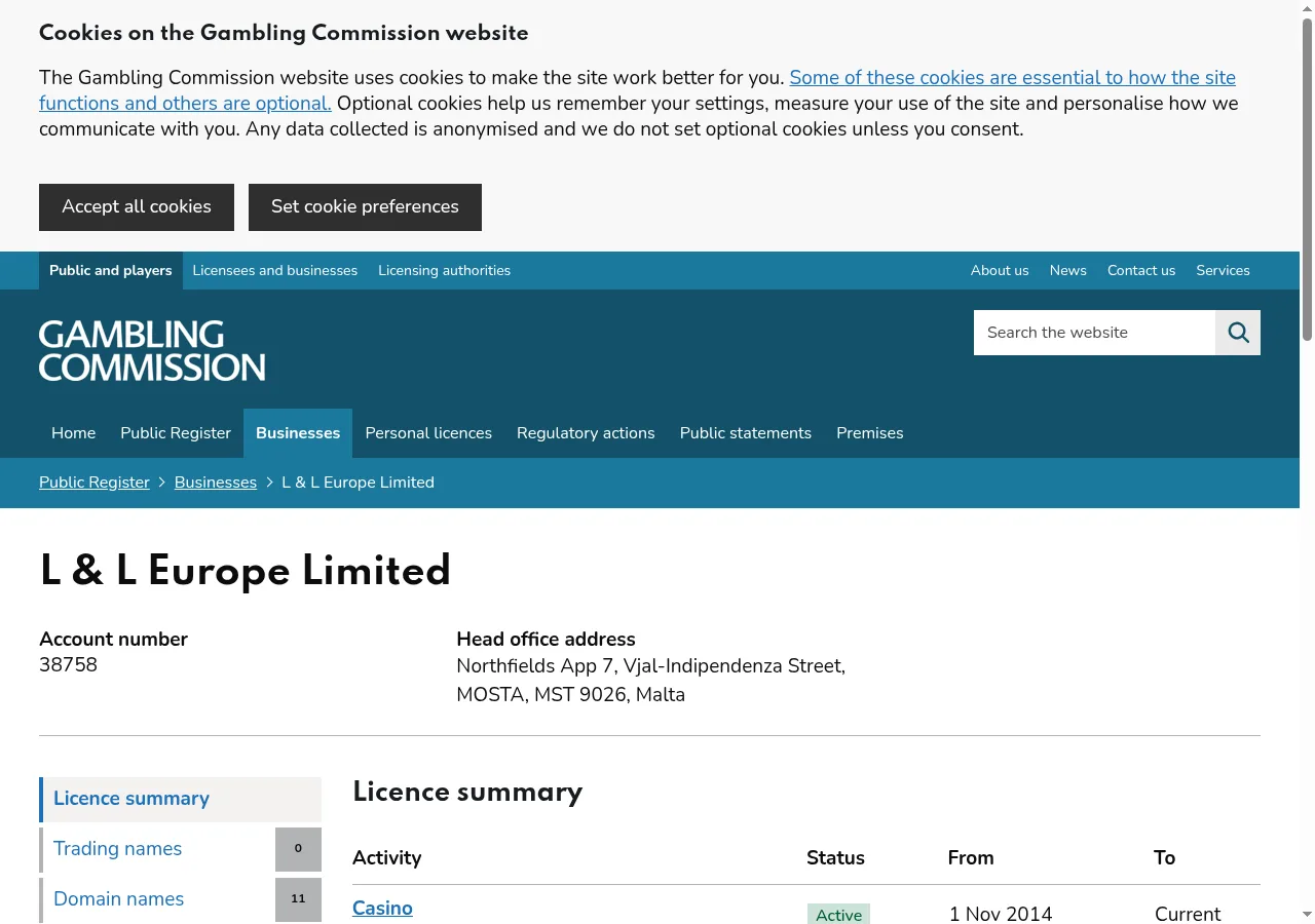 The licence summary for L & L Europe Limited, showing active remote casino and betting licences
