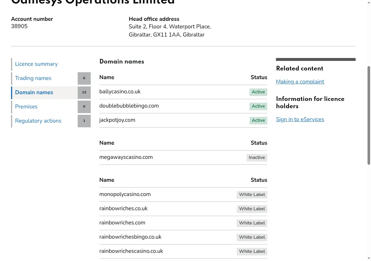 The Gambling Commission register entry for account 38905, listing the domains of Gamesys Operations Limited