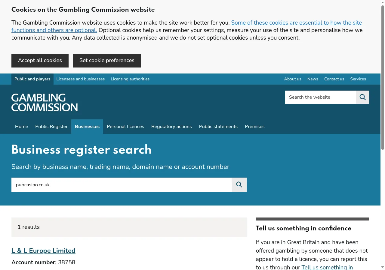 A Gambling Commission register search for pubcasino.co.uk, returning L & L Europe Limited, account number 38758